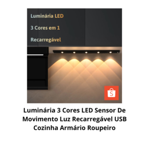 Luminária 3 Cores LED Sensor De Movimento Luz Recarregável USB Cozinha Armário Roupeiro